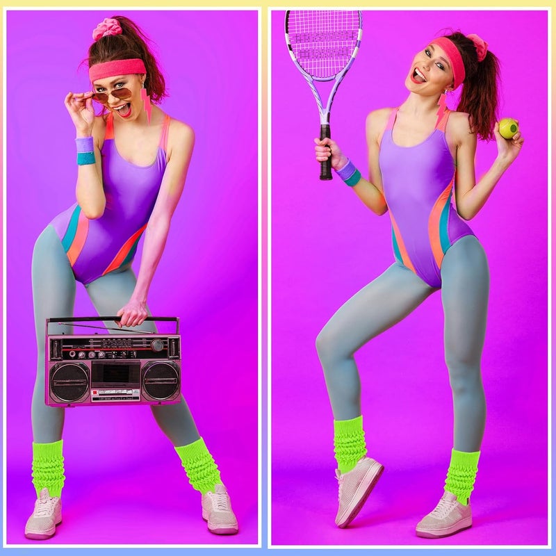TRIITECH Store Neon Slouch Socks for Women, 80s 90s Scrunch Knee High Socks with Neon Earrings and Scrunchies for 80s 90s Party - Image 4